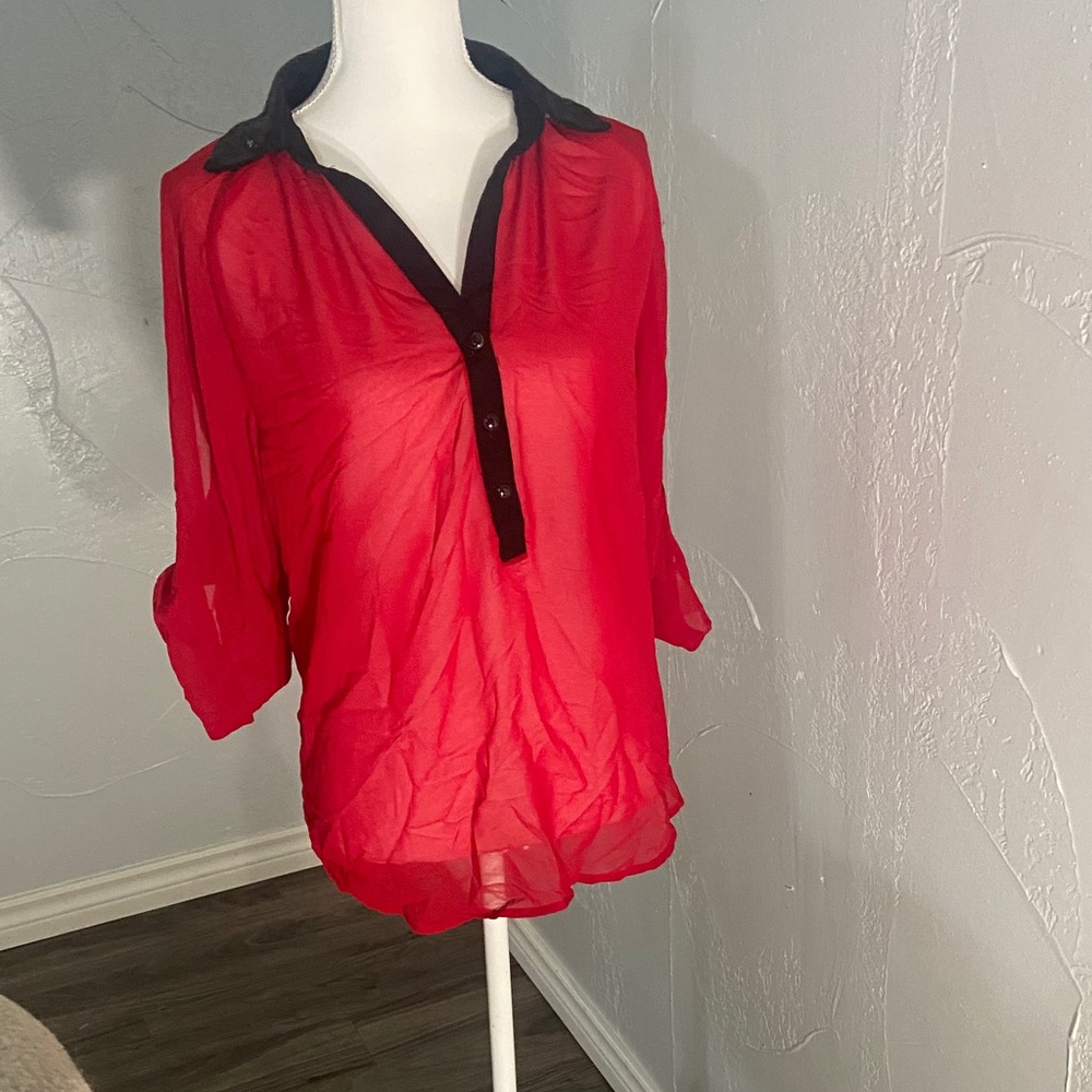 HeartSoul Red Sheer Blouse with Black Trim